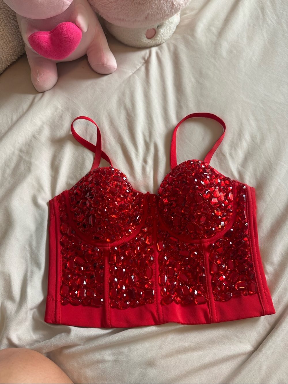 SHEIN Red Embellished Longline Bustier - Push Up Bra Padding